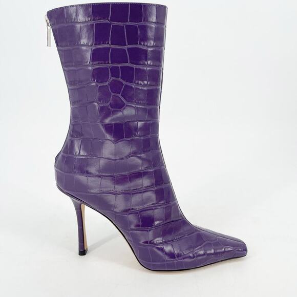 Jimmy Choo Purple Agathe Croc Embossed 100mm Mid-Calf Pointed Toe Boot IT 38 - Picture 3 of 13